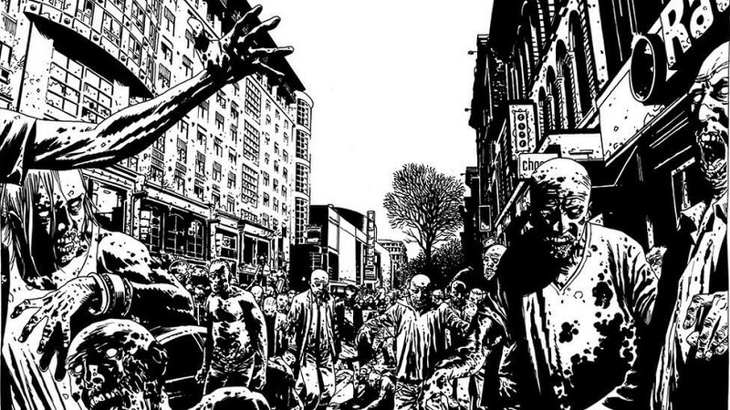 Illustration du comic-book The Walking Dead avec des zombies, en noir et blanc.